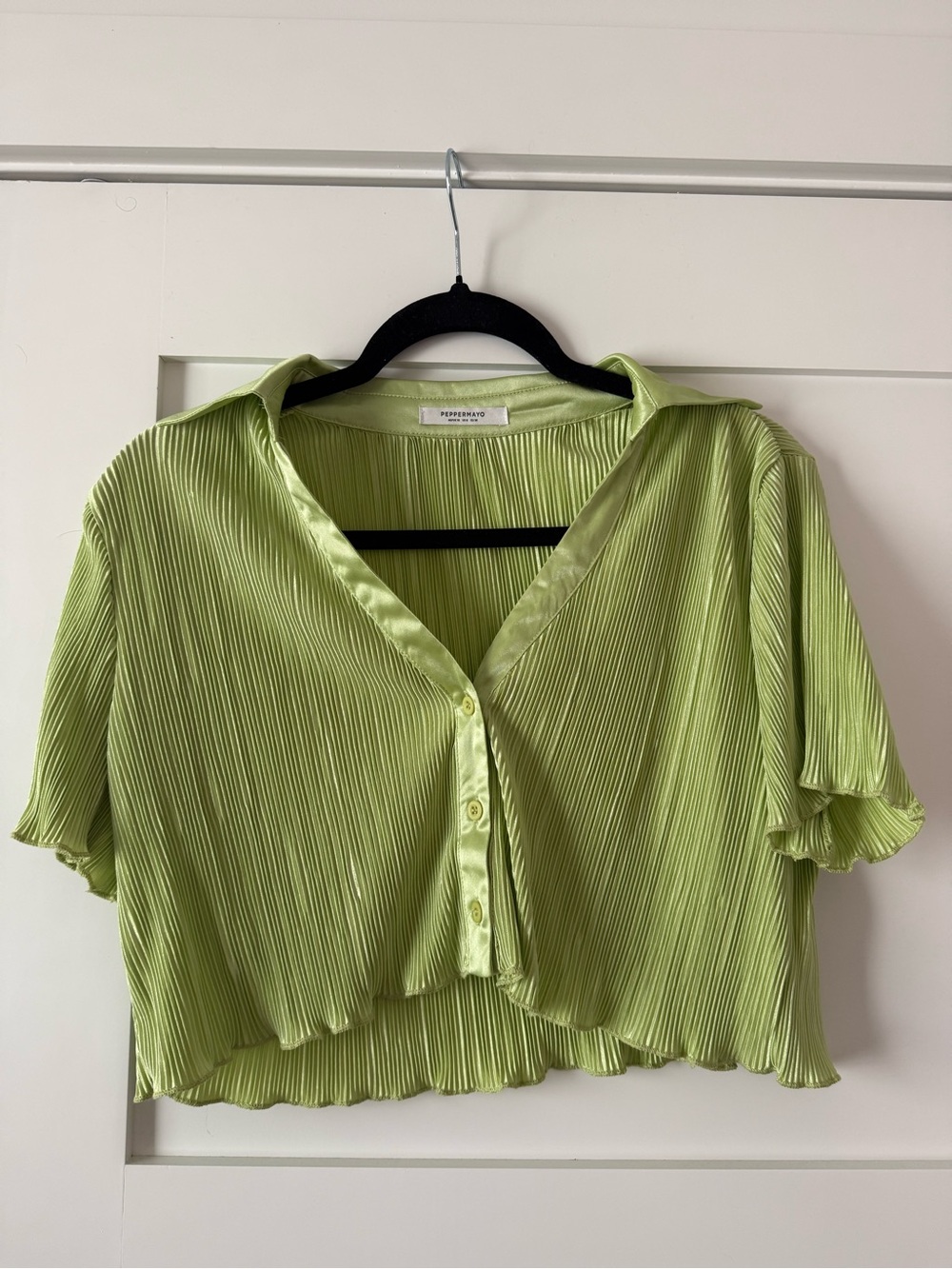 Peppermayo Lime Green Pleated Crop Button-Down Shirt